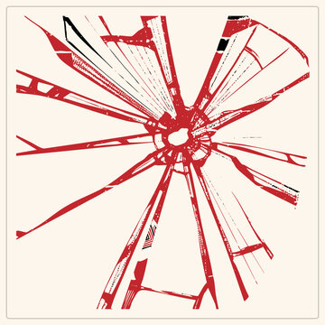 Shattered windshield spiderweb crack radiating from a bullet hole impact point. Red and black grunge screenprint with rough halftone edges, bold and destructive.