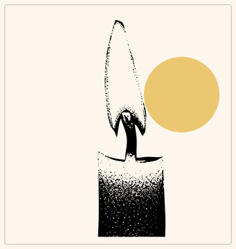 Speckled candle with tall flickering flame beside a circle. Old fashioned taper reworked in grunge stipple style, evoking quiet rituals and retro screen print charm.
