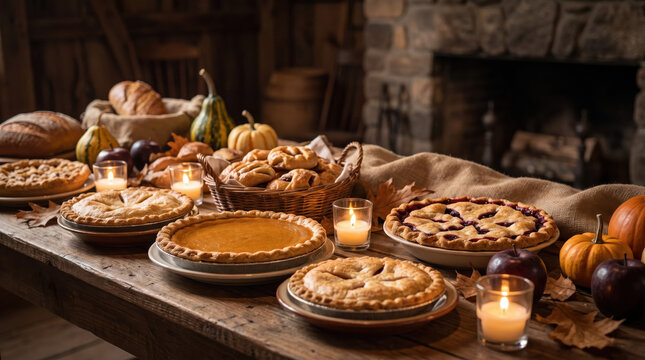 Rustic Thanksgiving dinner table laden with homemade pumpkin pies, pastries, and autumn decor for festive autumn celebrations and holiday feasts