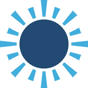 Minimalist sun icon graphic with a dark blue center and light blue radiating beams on white background
