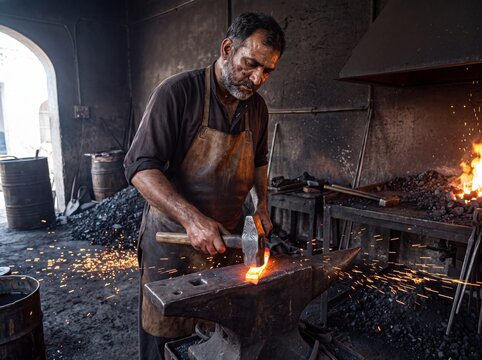 Blacksmith forging damascus steel blade with hammer on anvil in traditional forge workshop
