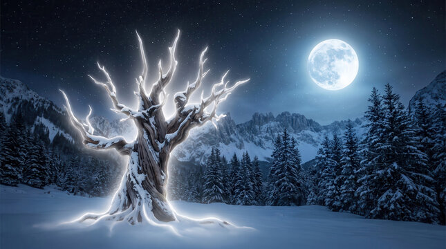 Gleaming magical gnarled tree glowing in a snowy winter landscape under a bright full moon at night