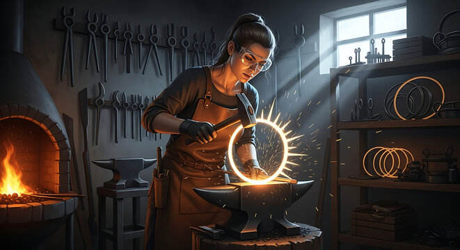 Blacksmith hammering red hot metal in workshop