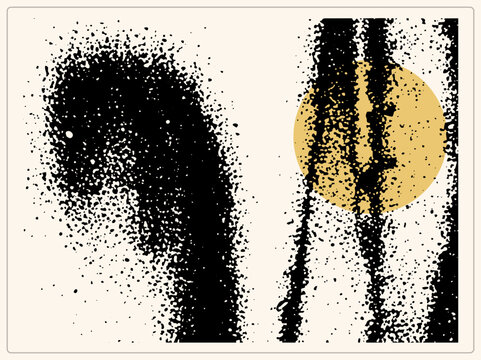 "Black spray paint splatter and drip texture with a mustard yellow sun circle peeking through streaks. This graffiti tag / street bomb piece delivers raw urban edge for edgy design projects."