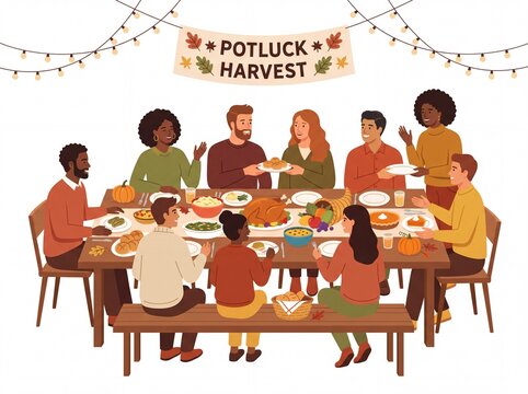 Diverse friends gathering for a potluck harvest dinner party at a long wooden table with autumn food and festive decorations