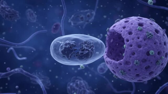 Microscopic 3D rendering of virus cells in a blue fluid environment
