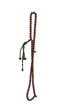 High-detail, clean vector graphic of a long, dark brown wood tasbih (misbaha) prayer bead necklace with a detailed dark green side tassel. Centered and isolated on a pure white background, showcasing 