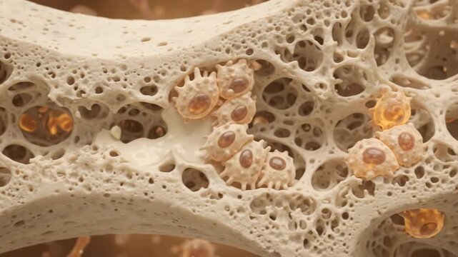 Microscopic View of Porous Bone Structure with Marrow Cells for Osteoporosis Medical Concept