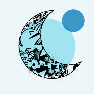 Boho moon with a serene sleeping face filled with abstract doodles and stipple speckles. Hand drawn night sky symbol pairs with soft blue full moons in a grunge stencil style.