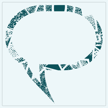 Grunge speech balloon with rough distressed texture, broken callout bubble for dialogue. Tattered chat blurb with fragmented edges and pointed tail, ideal for comic talk sign designs.