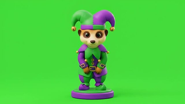 Meerkat jester in purple and green costume.