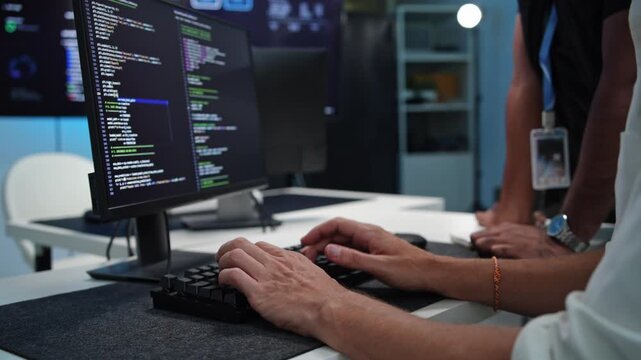 Collaborative programming session team of developers analyzing code on computer screens in modern office environment