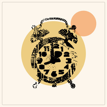 Distressed bell alarm clock, old tick tock timepiece in grunge stencil style on a mustard circle, with textured ink stamp look and retro sun accent.