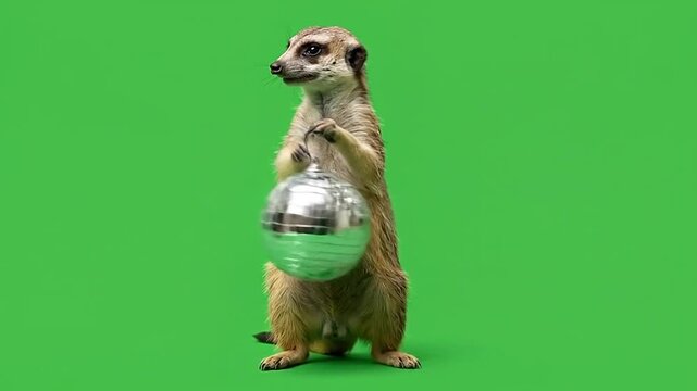 Meerkat standing and holding a disco ball on green background