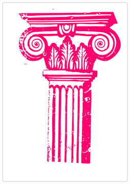 Classical Greek column in bold magenta grunge linocut style, with volute scrolls, acanthus leaves and fluted shaft, its antique upright distressed with stencil texture perfect for print.