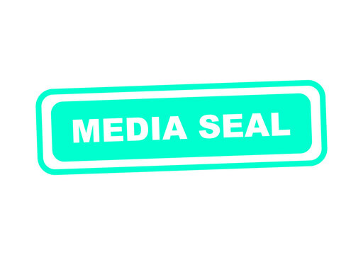 Bright turquoise media seal stamp with bold text illustration