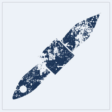 Folding pocketknife rendered as a distressed stencil silhouette, the trusty jackknife and everyday carry blade shown diagonally with heavy grunge texture its shape in deep navy ink.