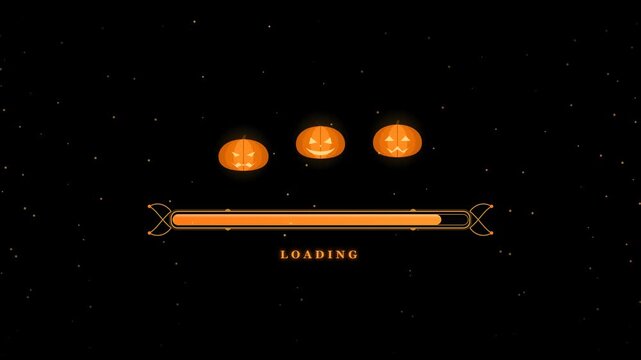 Three glowing jack o lanterns hover above a horizontal progress bar during a festive digital process to indicate that software content is preparing for the upcoming scary autumn holiday
