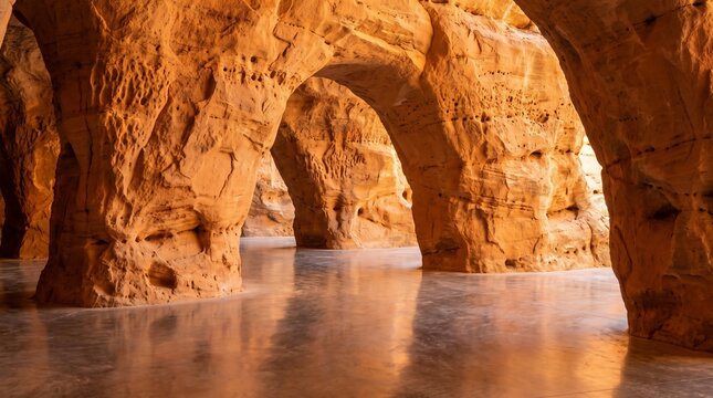 Warm Sandstone Arches and Reflective Floor in a Natural Cave Formation