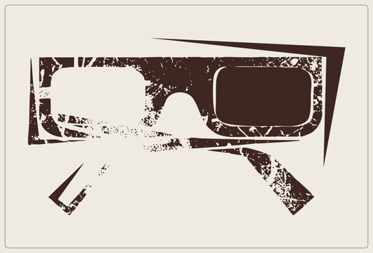 Grungy distressed stencil of retro shades with speckled worn texture, angular temple arms and bold frame silhouette. Vintage sunnies cutout in flat style, evoking streetwear and nostalgic e
