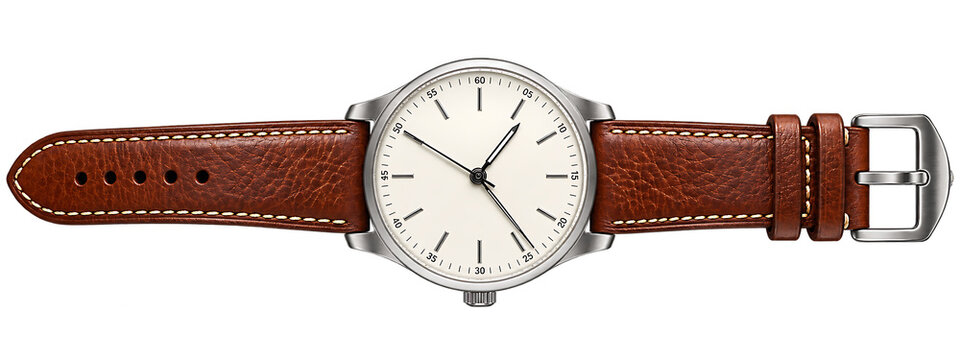 Classic luxury wrist watch with brown leather strap isolated on transparent background
