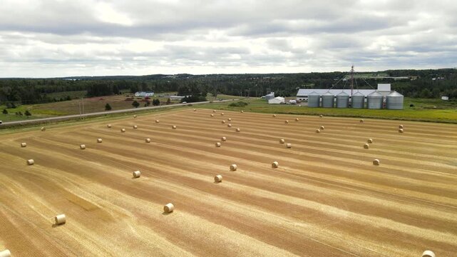High aerial flight over harvested farmland in Prince Edward Island, Canada