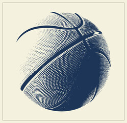 Fototapeta premium Vintage b ball in stippled halftone dots, navy ink shading for a retro print look. Sketched seams and dotted texture give it a classic engraved poster feel.