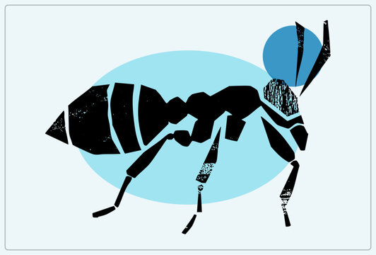 Black segmented worker ant, known as an emmet or picnic raider, rendered in distressed stencil style. The pismire walks a pale blue oval, with grunge texture speckling its limbs and antennae.