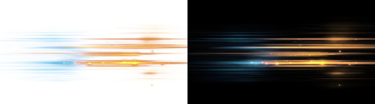 Speed line of blue and gold glowing light forming fast horizontal motion streaks with sparks ideal for technology banner design in PNG, Transparent and Black Background Versions