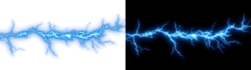 Lightning bolt of blue electric energy striking horizontally with dense branching sparks ideal for cinematic design in PNG, Transparent and Black Background Versions © Tanay