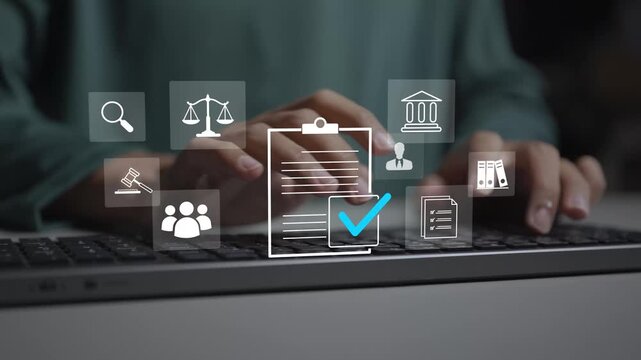 Compliance in business concept. Person typing keyboard with regulatory shield, checklist badge and policy document icons, corporate legal standards and risk management safety.