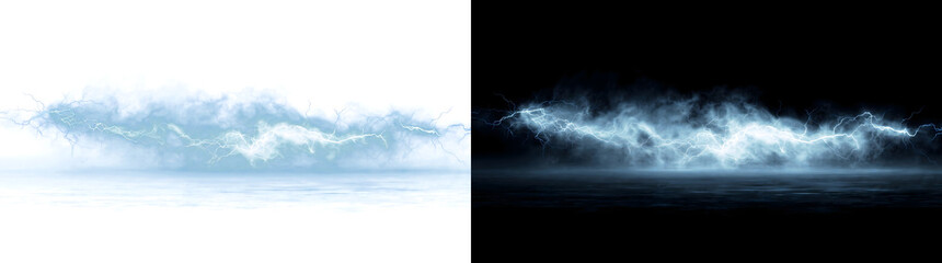 Lightning of blue electric energy striking through stormy clouds above a misty horizon ideal for cinematic design in PNG, Transparent and Black Background Versions © Tanay