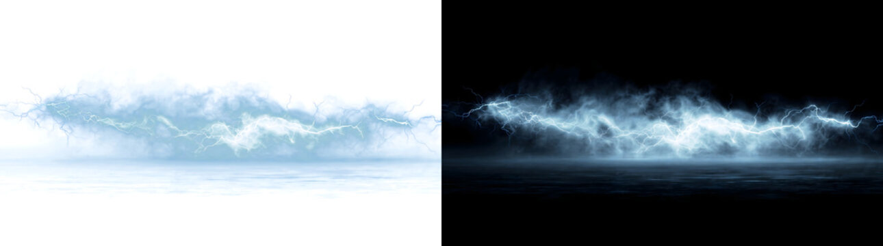 Lightning of blue electric energy striking through stormy clouds above a misty horizon ideal for cinematic design in PNG, Transparent and Black Background Versions