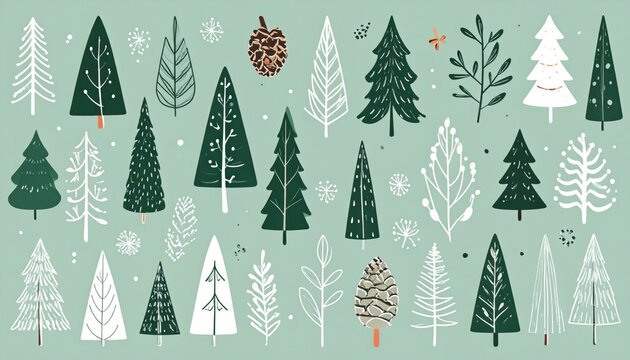 Hand drawn christmas trees and winter forest elements collection vector illustration.