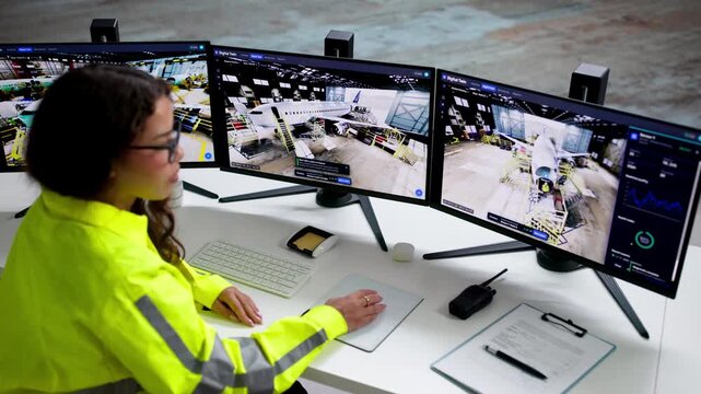Female Aerospace Engineer Monitors 3D Twin Simulation