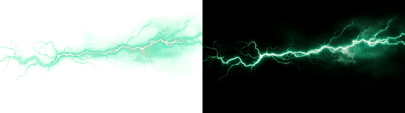 Lightning bolt of green electric energy striking horizontally through stormy smoke ideal for horror design in PNG, Transparent and Black Background Versions