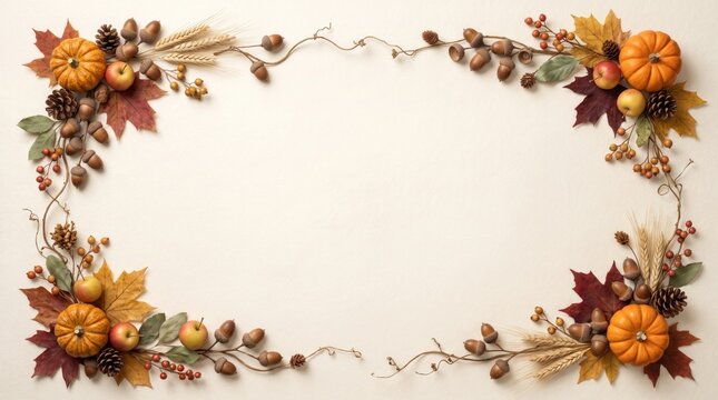 A beautiful autumn themed background featuring decorative pumpkins and colorful fall leaves arranged as a festive border frame