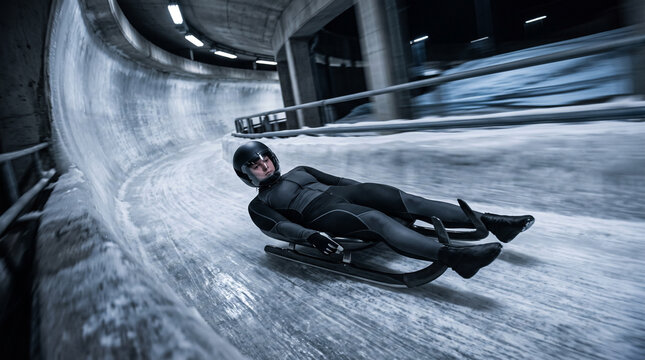 Luge Athlete Speeding Down Icy Track During Winter Sports Competition