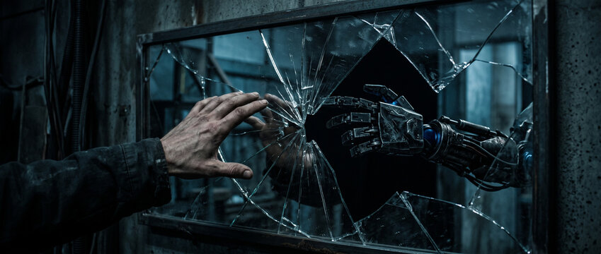 Human Hand Reaching Out To Robot Hand Through Broken Glass Window