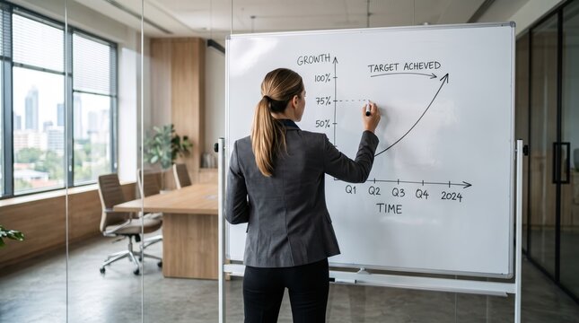 Professional business woman drawing exponential growth curve on whiteboard marker, target achieved annotation, quarterly timeline Q1 to Q4 2024 axis, corporate strategy meeting
