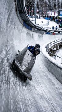 Bobsleigh Team Speeding Down Ice Track In High Curve