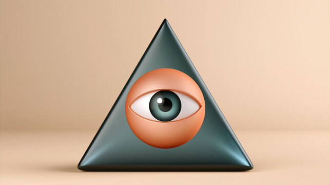 A 3d rendered triangle with a central eye on a neutral beige background