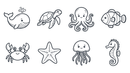 Fototapeta premium Cute sea creatures coloring page icons with whale and starfish.