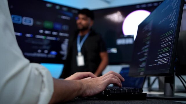 Team of software developers working together in a contemporary office setting during a coding workshop or technology presentation