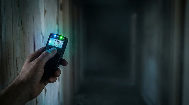 Hand holding electromagnetic field detector in dark haunted hallway during paranormal investigation