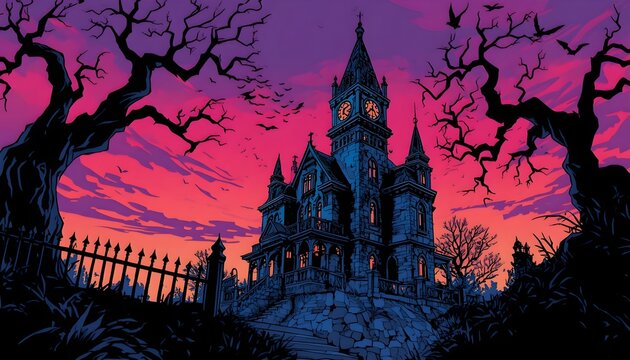 A spooky Halloween scene featuring an ancient haunted castle with a graveyard in the front. Perfect for placards, banners, flyers, and party invites. Vector art illustration.