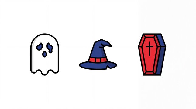 Flat vector set of spooky ghost witch hat and coffin board game tokens in knolling grid