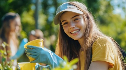 Fototapeta premium Smiling Young Volunteer Planting Young Seedlings in Garden