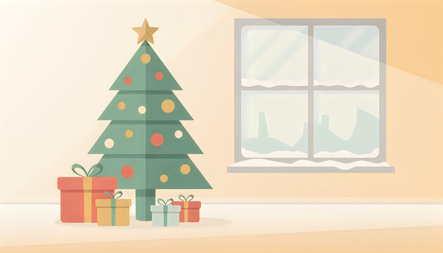 Decorated christmas tree with gift boxes by a window in a cozy room