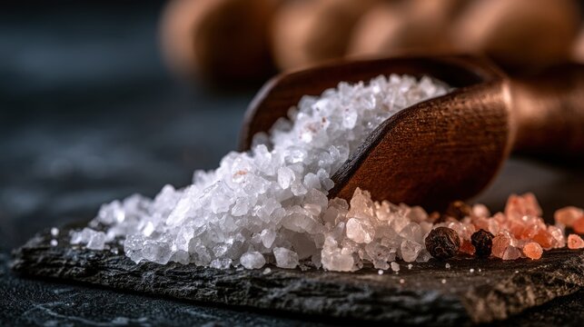 Coarse sea salt spills from a wooden scoop onto a dark slate board. Perfect for gourmet cooking and culinary advertisements.